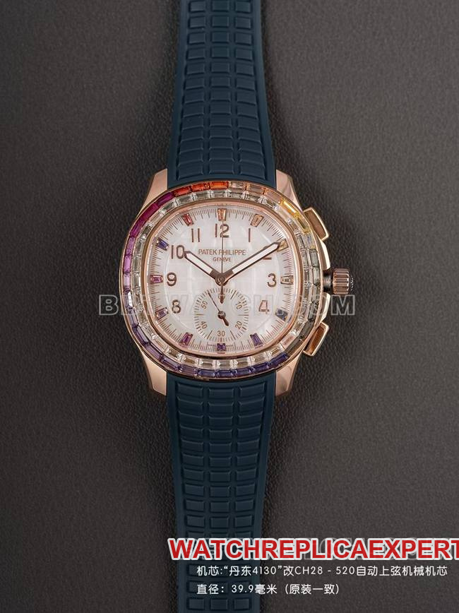 Top-tier PPM Factory Patek Philippe Aquanaut Mechanical Blue Rubber Bracelet Chronograph, Rose Gold with Diamond and Colorful Sapphire Crystal
