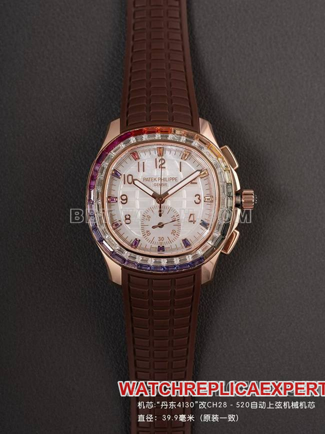 Best CollectWatch PPM Factory Patek Philippe Aquanaut Chronograph with Rose Gold and Rainbow Brilliance Rubber Bracelet