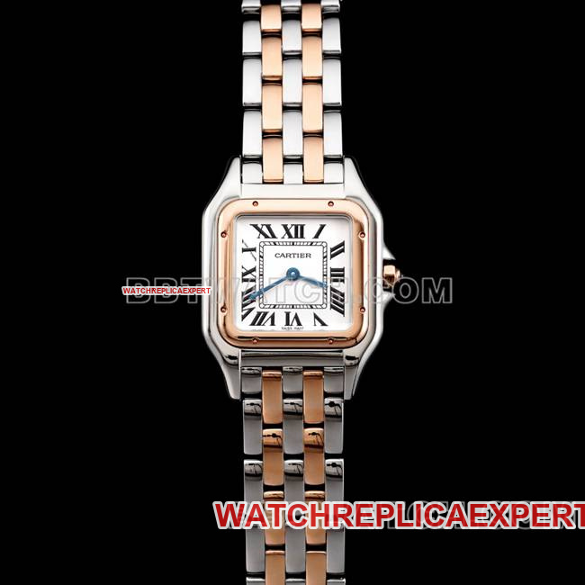 Cartier Panthere De BBa Fábrica Mostrador Branco Rosa Ouro Pulseira de Aço Relógio Réplica de Quartzo
