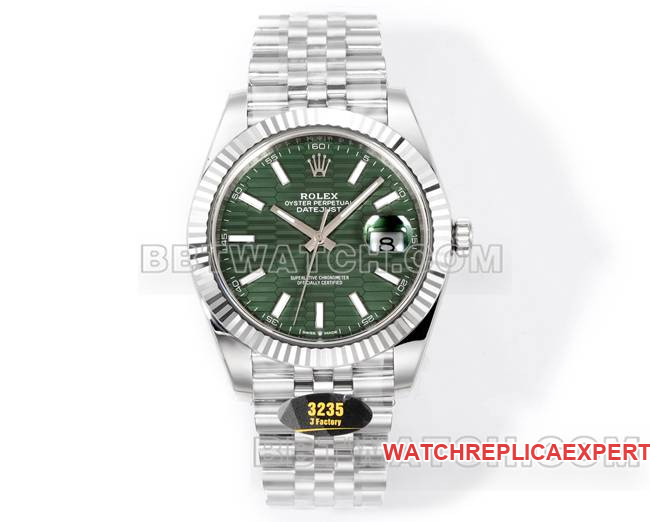 JF Factory Rolex Datejust 41mm Green Dial 3235 Mechanical Watch with White Gold Plated Triangular Pit Pattern and 904L Steel Bracelet