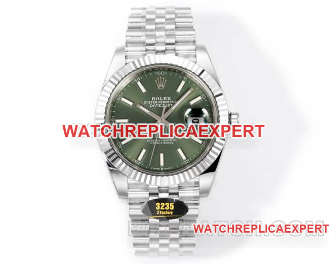 JF Factory Rolex Datejust 41mm Green Dial 3235 Mechanical CollectWatch with White Gold Plating, 904L Steel and Radial Patterns