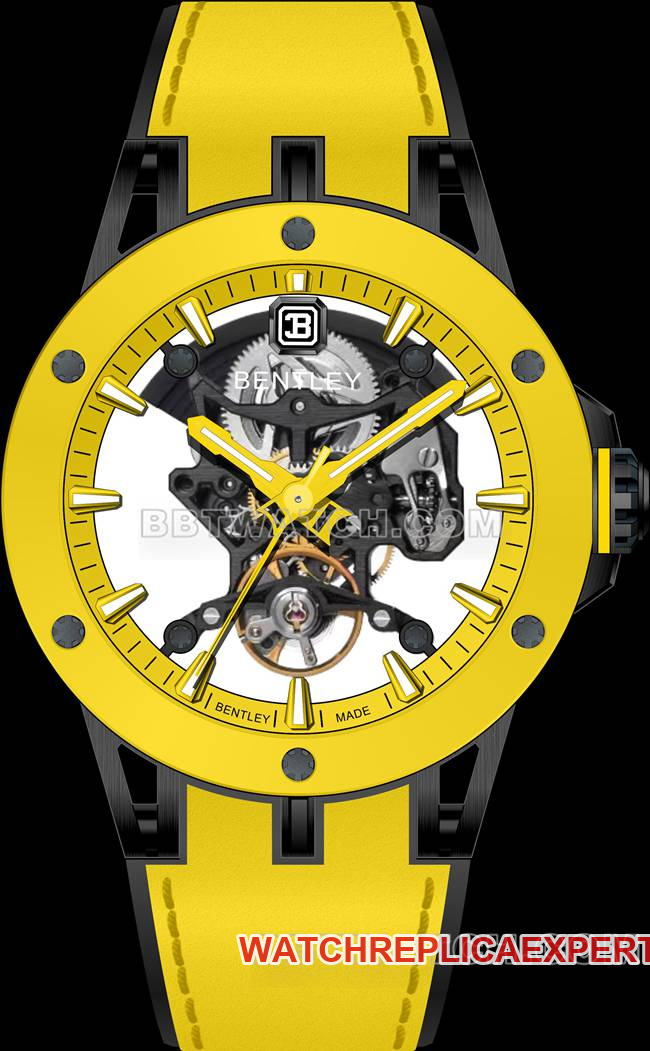 Bentley BL-62 Yellow Rubber Bracelet 45MM Skeletonized Design with Ceramic Bezel