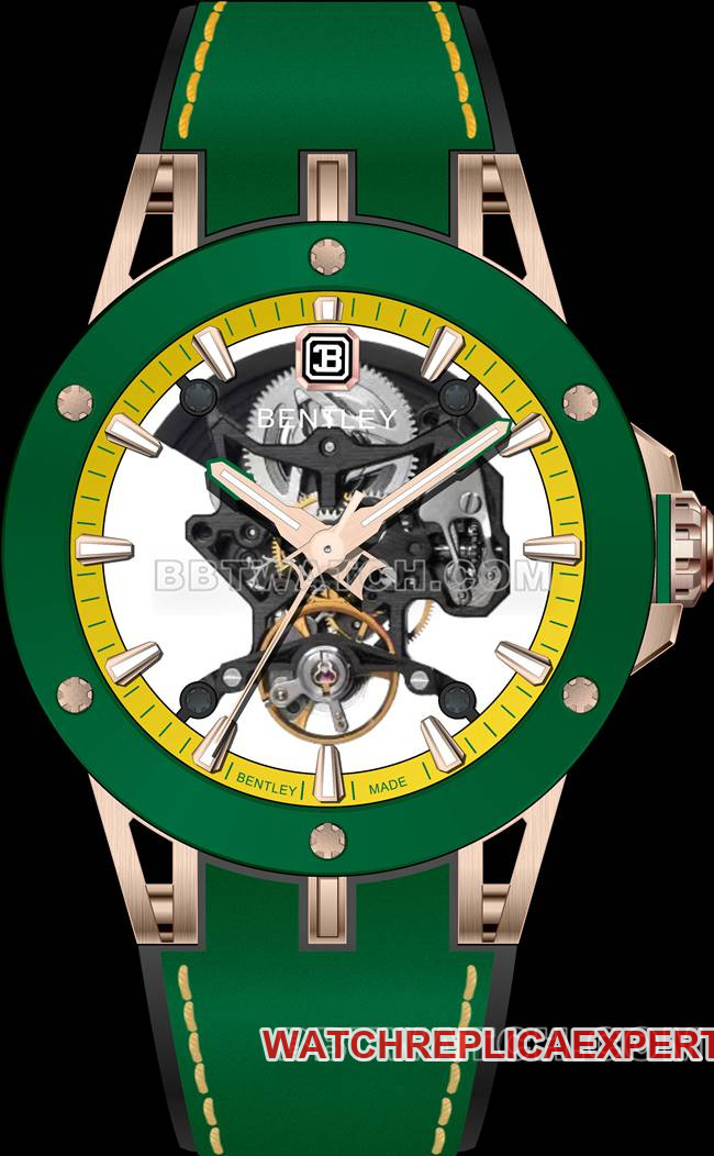Super Clone Watch Bentley BL-62 Peak Green Rubber Bracelet 45MM Skeletonized Ceramic Bezel