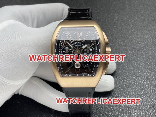 Top CollectWatch ABF Factory Franck Muller V45 Black Dial Rose Gold Case Leather Strap with 44x53mm Barrel-Shaped Case