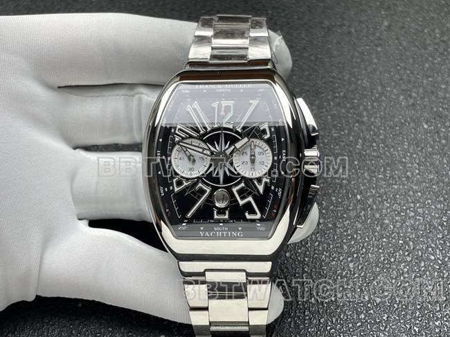 Super Clone Watch ABF Factory Franck Muller V45 Black Dial Steel Bracelet 44x53mm Barrel-Shaped Case