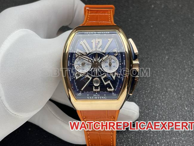 Best CollectWatch Frank Muller ABF Factory V45 Blue Dial Gold Case Leather Bracelet Chronograph Barrel-Shaped Case