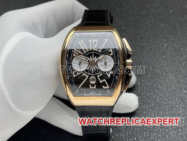 1:1replica watch Frank Muller ABF factory V45 black dial gold case leather bracelet chronograph 44x53mm barrel-shaped case