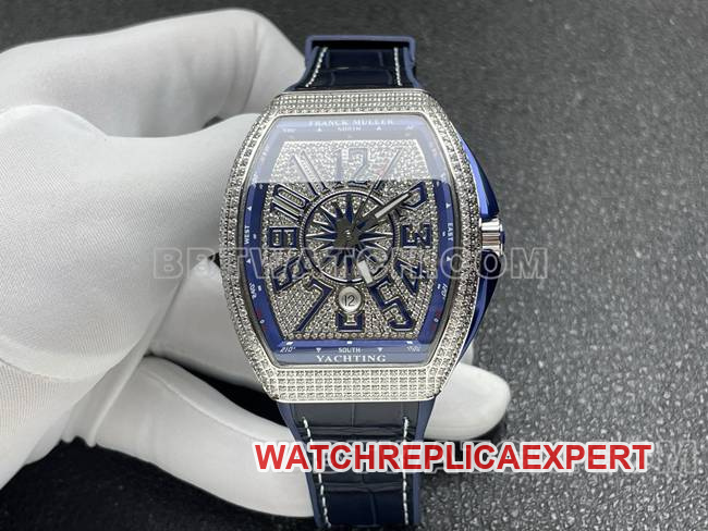 Franck Muller Super Clone Watch ABF Factory V45 Diamond Dial Diamond Case Blue Leather Strap V45