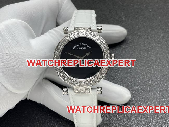 Frank Muller DOUBLE MYSTERY 42mm ABF Factory Quartz Black Dial Diamond Bezel White Leather Bracelet