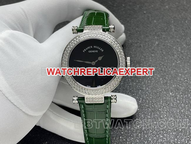 Frank Muller DOUBLE MYSTERY 42mm Quartz Watch ABF Factory Black Dial Diamond Bezel Green Leather Bracelet