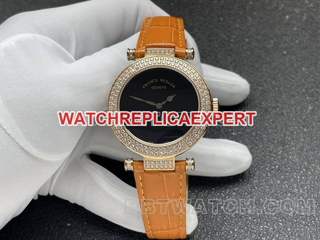 Super Clone Watch Frank Muller DOUBLE MYSTERY Series 42mm ABF Factory Black Dial Gold Diamond Bezel Orange Leather Bracelet Quartz Movement