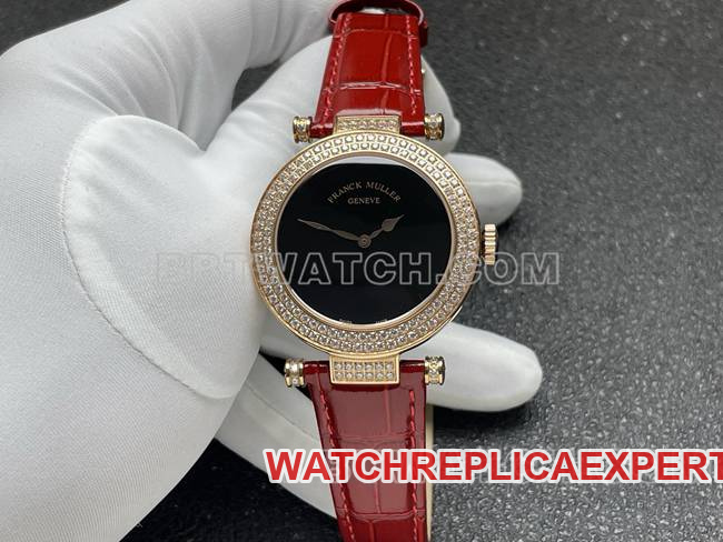 Franck Muller DOUBLE MYSTERY 42mm Quartz ABF Factory Black Dial Gold Diamond Bezel Red Leather Strap
