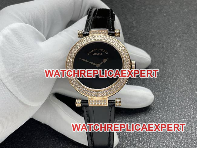 Franck Muller DOUBLE MYSTERY 42mm ABF Quartz Top-Tier CollectWatch, Black Dial, Gold Diamond Bezel, Black Leather Bracelet