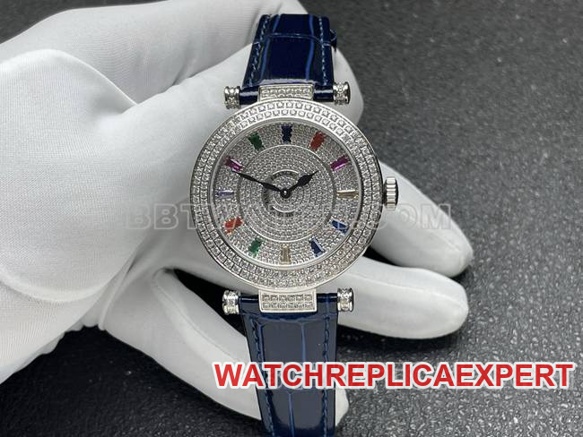 Franck Muller DOUBLE MYSTERY 42mm Quartz CollectWatch by ABF Factory, Diamond-Set Dial, Diamond Bezel Blue Leather Bracelet