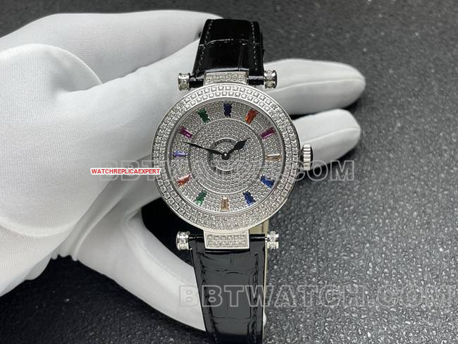 Franck Muller Super Clone Watch Quartz ABF Factory DOUBLE MYSTERY 42mm Drill Disc Diamond-Set Dial Black Leather Strap