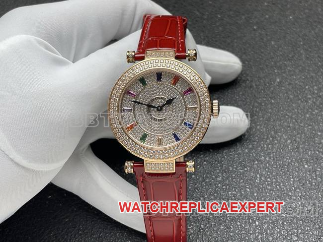 Franck Muller DOUBLE MYSTERY 42mm Quartz ABF Factory Diamond Dial Gold Bezel Red Leather Strap CollectWatch