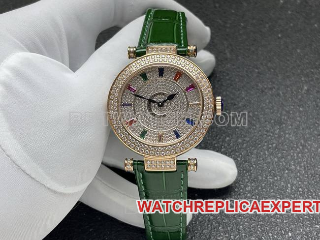 Franck Muller quartz best Collectwatch ABF Factory DOUBLE MYSTERY 42mm diamond bezel green leather bracelet