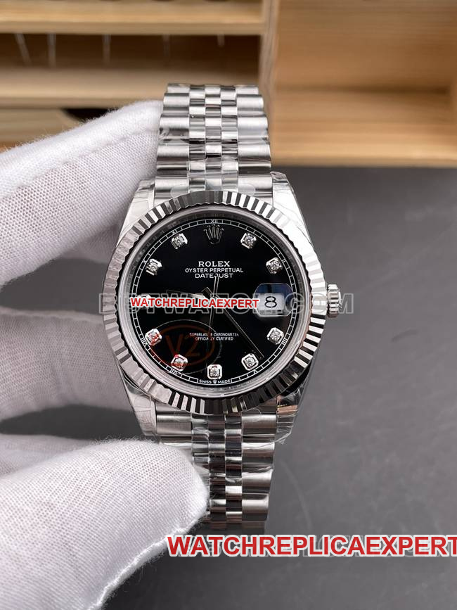 Rolex Datejust 41mm Black Dial 3235 Mechanical Watch from VS Factory, Deep Black Gold Color Scheme, Diamond Scales, Dandong 3235 Integrated Movement