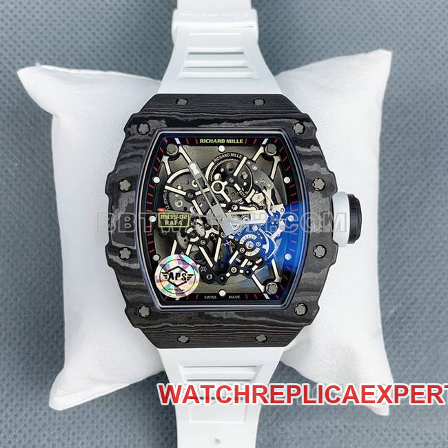 APS Factory Richard Mille RM35-02 Carbon Fiber Watch with White Rubber Strap, NTPT Carbon Fiber, 49.94x44.5mm