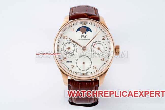 Super Clone Watch APS Factory IWC Portugieser Perpetual Calendar White Dial Rose Gold Full-Function Synchronization