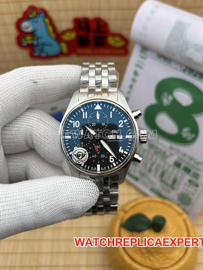 APS Factory Pilot IWC 41mm Black Dial Chronograph with Custom 69385 Automatic Movement
