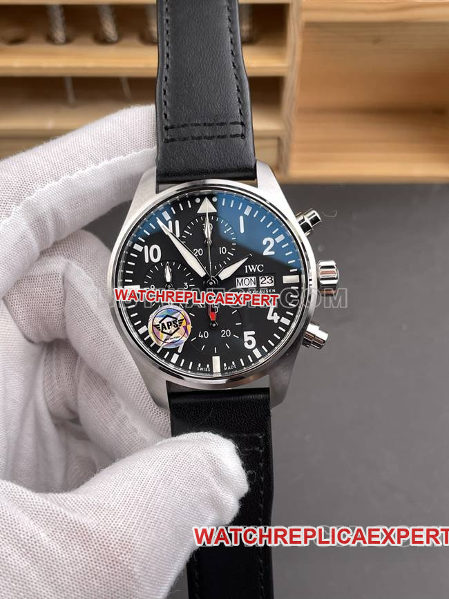 Super Clone Watch APS Factory Pilot IWC 41mm Black Dial Chronograph Leather Strap