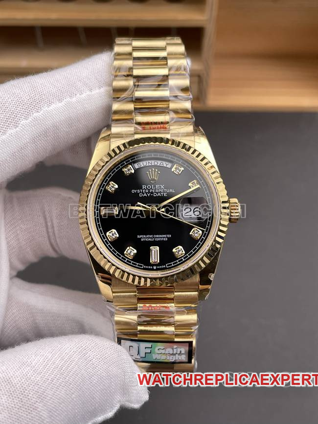 Rolex Day-Date 36mm QF Factory Top-Tier Collectin Yellow Gold, Black Dial, 2836 Mechanical Movement