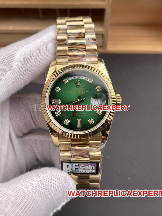 QF Factory Day-Date Rolex Smoked Green Dial 18K Yellow Gold 2836 Mechanical 36mm CollectWatch