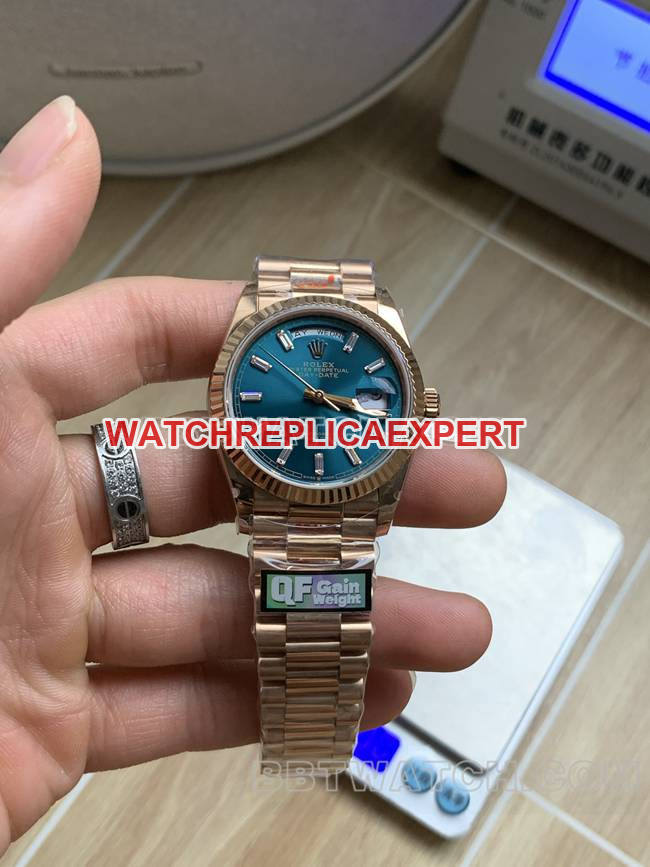 Best CollectWatch QF Factory Rolex Day-Date 36mm Ice Blue Dial Rose Gold 2836 Mechanical Weekly Calendar