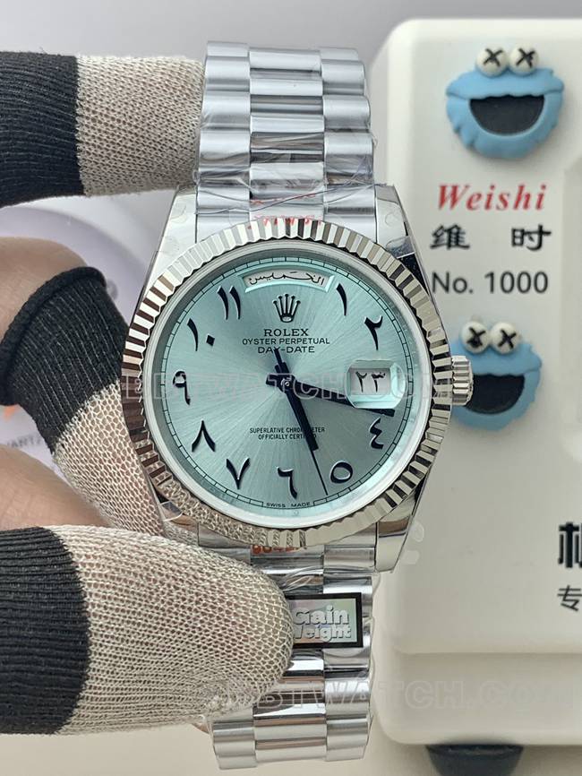 QF Factory Rolex 40mm Day-Date Ice Blue Dial with Middle East Time Scale and 185.5g Heft-Enhancing Build