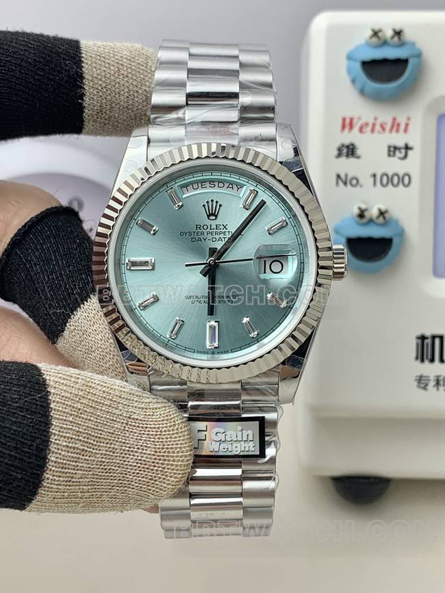 QF Factory 40mm Rolex Day-Date Super Clone Rolex 40mm Ice Blue Dial 40mm 2836 Movement 185.5g Counterweight Rolex