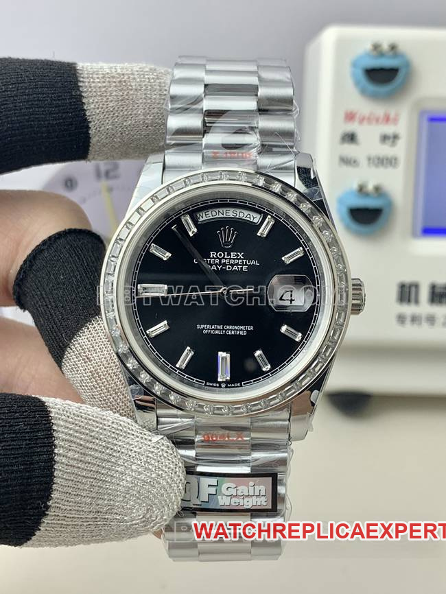 QF Factory Original Factory CollectRolex Day-Date 40mm 40mm Rolex 40mm Black Dial Square Diamond Bezel Rolex Watch