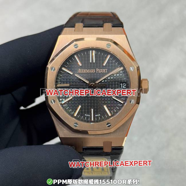 Audemars Piguet Royal Oak 15510 from PPM Factory: Black Dial, Rose Gold Leather Strap Collectwith Accurate 165 Grams