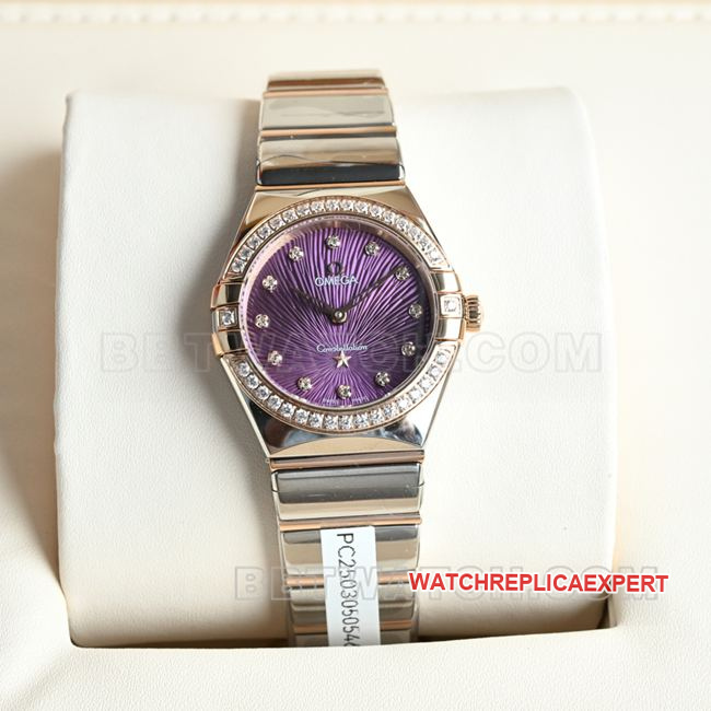 Premium Omega Constellation 28mm Purple Dial Quartz with Genuine Diamonds and Roman Numeral Bezel