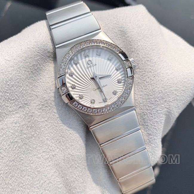 Omega Constellation 28mm White Dial Quartz Super Clone Watch with 36 VS1.5 Genuine Diamonds and Upgraded Bezel