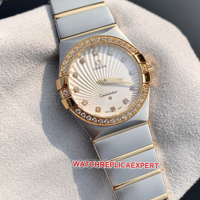 Premium CollectConstellation Omega 28mm 28mm white dial Omega gold bezel quartz with genuine diamonds