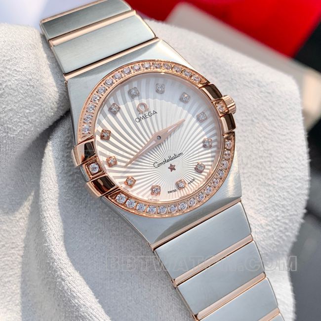 Premium Omega Constellation 28mm white dial rose gold bezel quartz watch with VS1.5 genuine diamonds and fourth-generation fine polishing