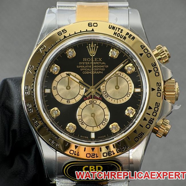 CBD Factory Super Clone Rolex Daytona 4131 Black Dial 18K Gold Steel Bracelet Watch