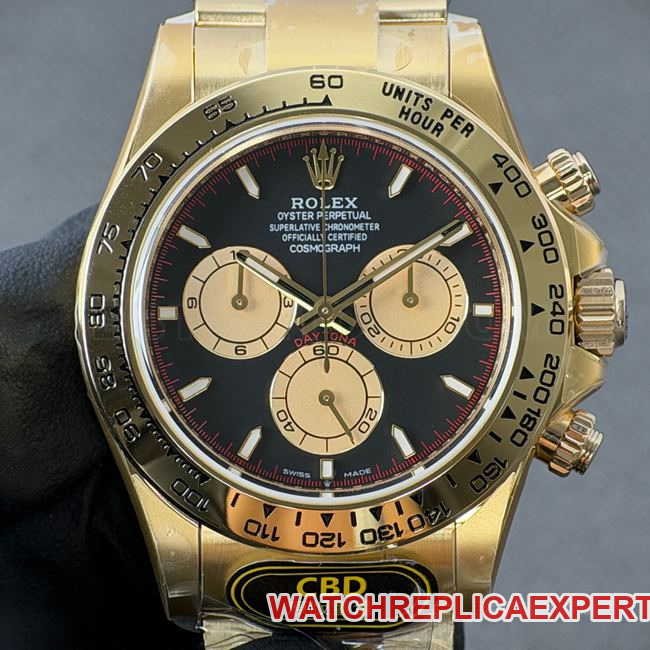 Rolex CBD Factory Rolex Daytona Super Clone 4131 with Dark Black Dial, Champagne Sub-Dial and Gold Steel Band