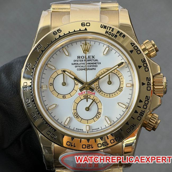 CBD Factory Daytona Rolex Replica Rolex 4131 with White Dial, 40mm Gold Case, Gold Steel Band and Racing Spirit Rolex
