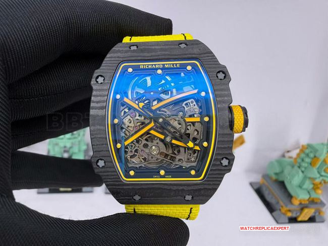 Premium Super Clone RM067-02 Richard Mille with Custom Carbon Texture Case, Skeletonised Dial and Yellow Strap