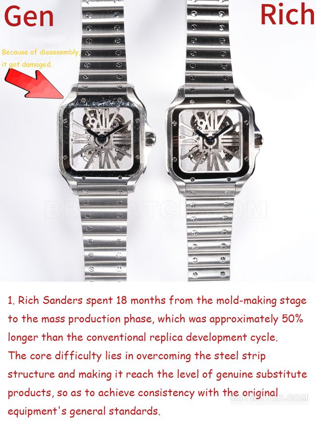 RICH Factory Cartier Cartier Hollowed-out Santos Top Grade Reproduction Watch: Seamless Interchangeable Parts Compared with the Original
