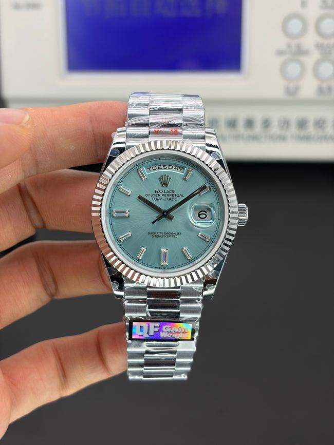 Rolex QF Factory 40mm Day-Calendar Super Clone Weekly Calendar Ice Blue Dial with Square Diamond Hour Markers
