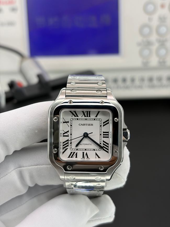 Premium Cartier Santos BV factory replica with slim 9.08mm case, Roman scales, and stainless steel bracelet