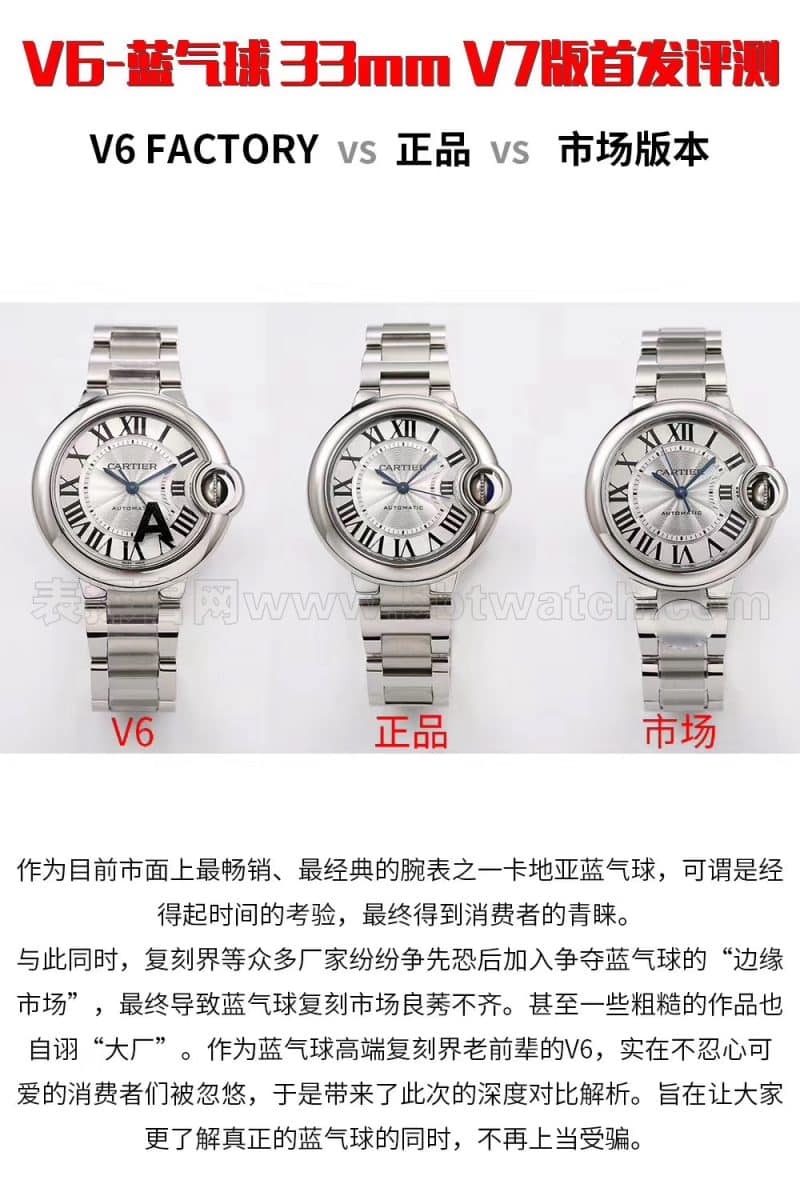 Cartier Blue Balloon 33 mm: Von V6 auf V7 verbesserte Replik im Vergleich zur Originaluhr