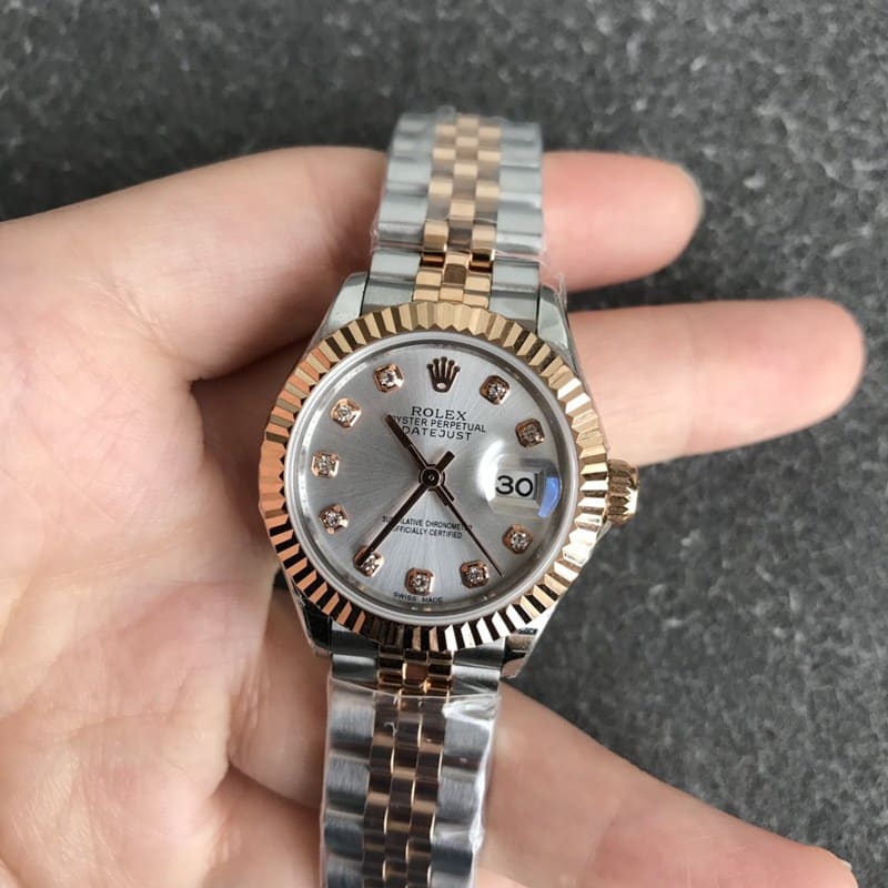 Rolex Datejust 28 mm, 28 mm große mechanische Damenuhr in Roségold mit silbernem Zifferblatt – klassische, elegante Tigerring-Replik