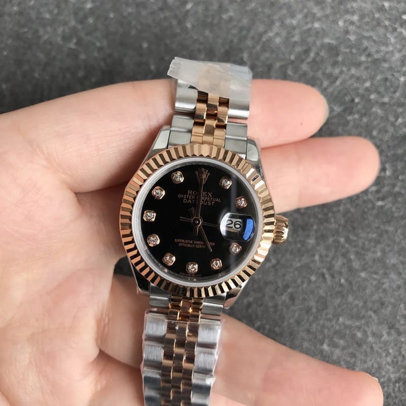 Top Quality Super Clone Rolex DateJust Series 28mm Women’s Watch, Mechanical Tiger Tooth Ring, Rose Gold Black Dial
