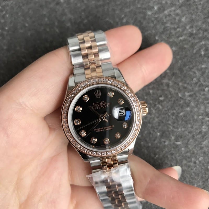 Top CollectRolex Watch Log Women's 28mm Mechanical Circle Drilling Rose Gold Black Dial