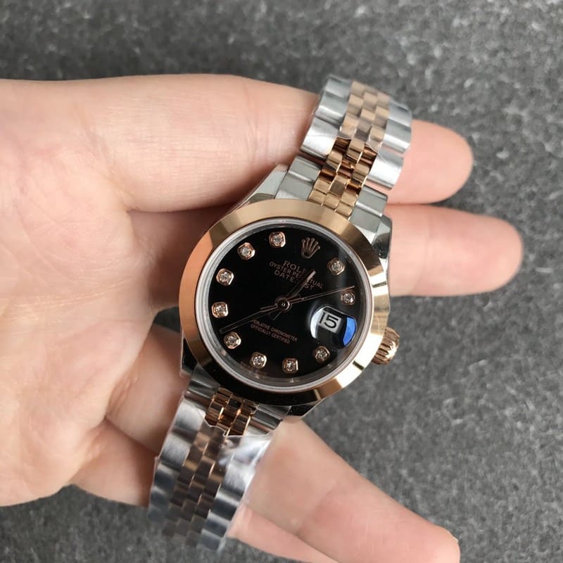 CollectRolex Watch Log Women's 28mm Mechanical Aperture Rose Gold Black Dial Drill Scale