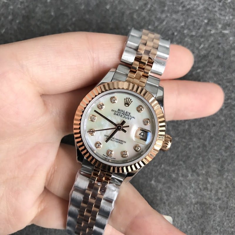 Top Super Clone Rolex DateJust 28mm Women's Watch, Rose Gold Mother-of-Pearl Dial with Diamond Scale